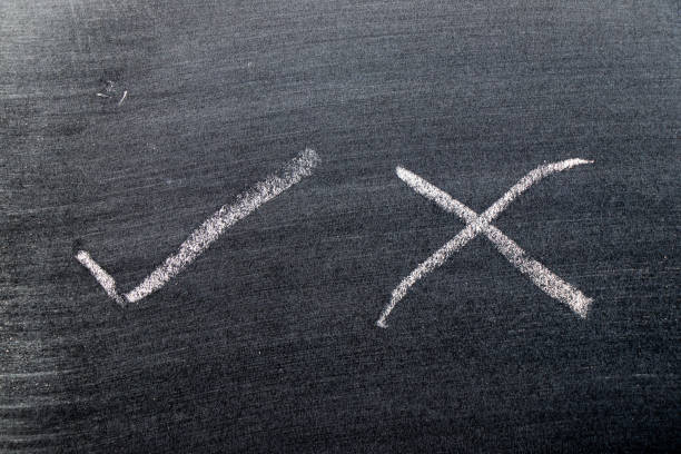 istock White color chalk hand drawing in check mark of right and wrong shape on black board background 1269131600