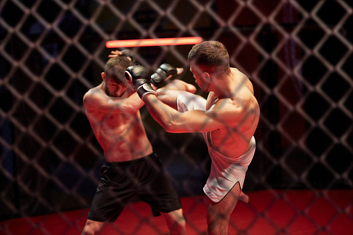 Mixed martial arts fighters on a ring. Punching