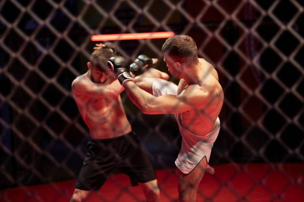 MMA fights in octagon. Training Mixed martial arts fighters on a ring. Punching mixed martial arts photos stock pictures, royalty-free photos & images
