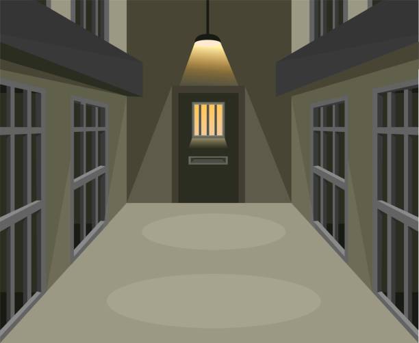 gefängniszelle korridor in dunklen szene konzept in cartoon-illustration vektor - alcatraz island prison penitentiary officer stock-grafiken, -clipart, -cartoons und -symbole