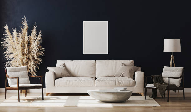 istock Blank picture frame mock up in blue room interior , 3d rendering 1269139025