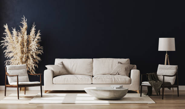 istock Dark blue room interior, living room interior mockup, empty blue wall, 3d rendering 1269139027