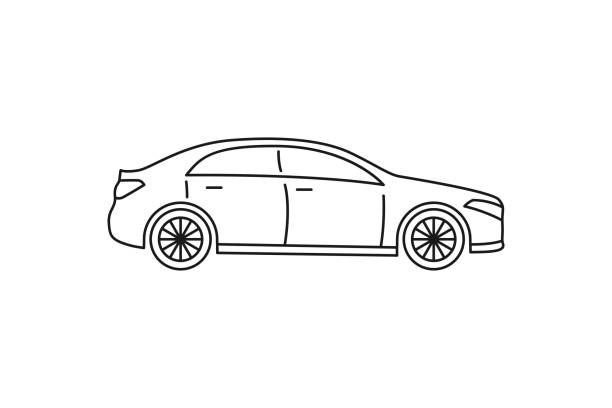 значок автомобиля седана. черная линия веб-знак. плоская иллюстрация вектора стиля изолирована на белом фоне. - sedan car isolated white stock illustrations