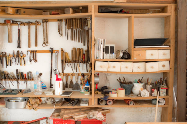 istock Various carpenter's tools and supplies in a garage. 1269140374
