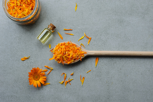 Calendula officinalis flowers and petals preparing for making essential oil. Medicinal herb. Background for different purpose. Horizontal with space for text.