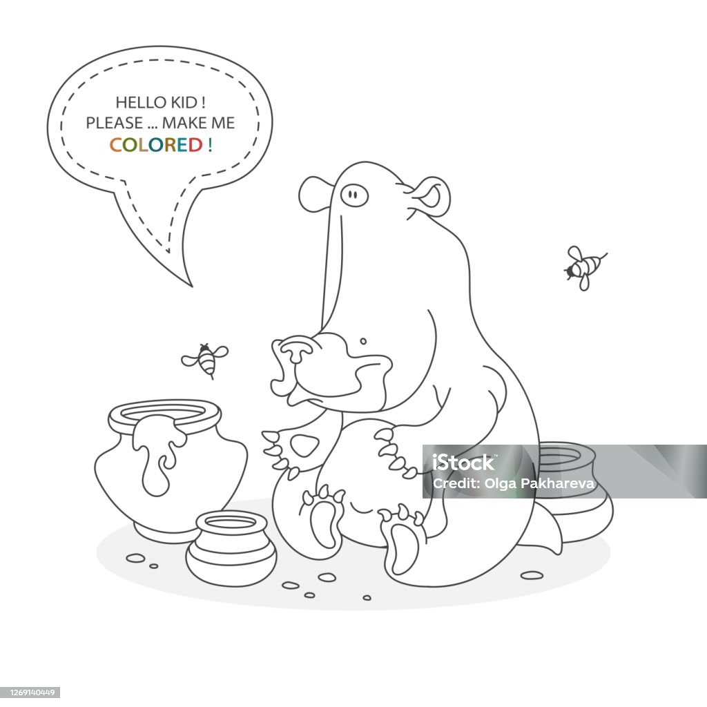 Black And White Coloring Book Page Cartoon Character Of A Funny Cute Bear  With Honey And Bees Card From A Set For The Development Of Children Vector  Illustration Stock Illustration - Download