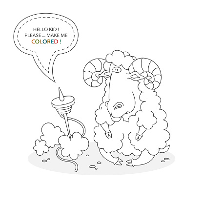 Black And White Coloring Book Page Cartoon Character Of A Funny Cute Big  Horns Ram And Spinning Wheel With Wool Card From A Set For The Development  Of Children Vector Illustration Stock