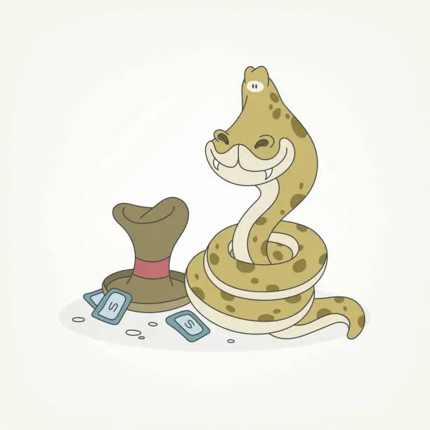 Vector illustration of Cartoon character of a reptile. Funny cute snake magician curled up in a ball and posing next to paper money and a magic hat. Vector illustration