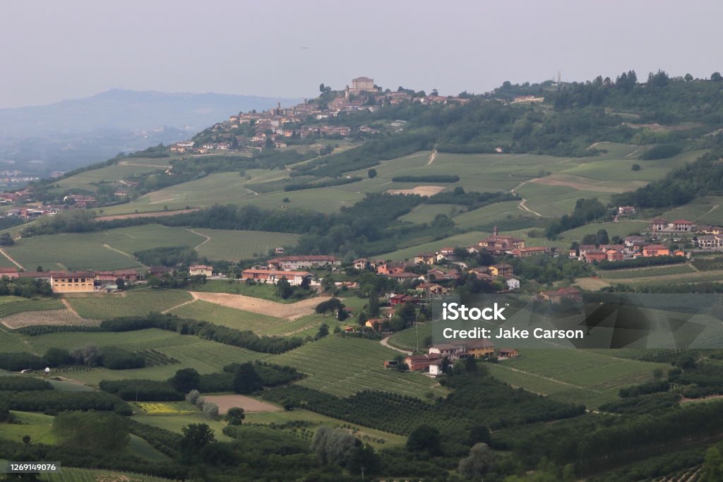 Roero (Piedmont, Italy) A view of the Roero hills between Alba and Asti. Agricultural Field Stock Photo