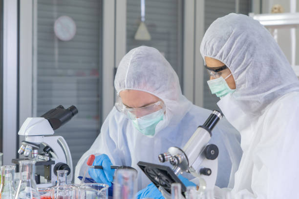A western scientists couple working on test tube to analysis and develop vaccine of covid-19 virus in lab or laboratory in technology medical, chemistry, healthcare, research. Experimental science. una pareja de científicos occidentales que trabajan en el tubo de ensayo para analizar y desarrollar la vacuna del virus covid-19 en laboratorio o laboratorio en tecnología médica, química, atención médica, investigación. ciencia experimental.