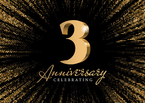 Anniversary 3. gold 3d numbers. Against the backdrop of a stylish flash of gold sparkling from the center on a black background. Poster template for Celebrating 3th anniversary event party. Vector