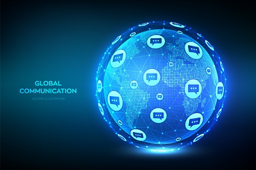 Global communication concept. World map point and line composition. Planet Earth globe with dialog speech bubbles icons. Worldwide communication and social media connection. Vector Illustration