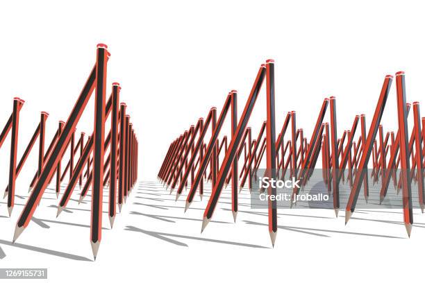 Red And Black Graphite Pencils Marching Like Soldiers Isolated On White Background Back To School Concept 3d Illustration Stock Photo - Download Image Now