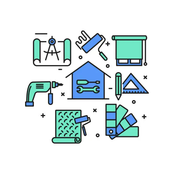 Vector illustration of Home Repair and Maintenance Concept, Modern Line Art Icons Background. Linear Style Vector Illustration.