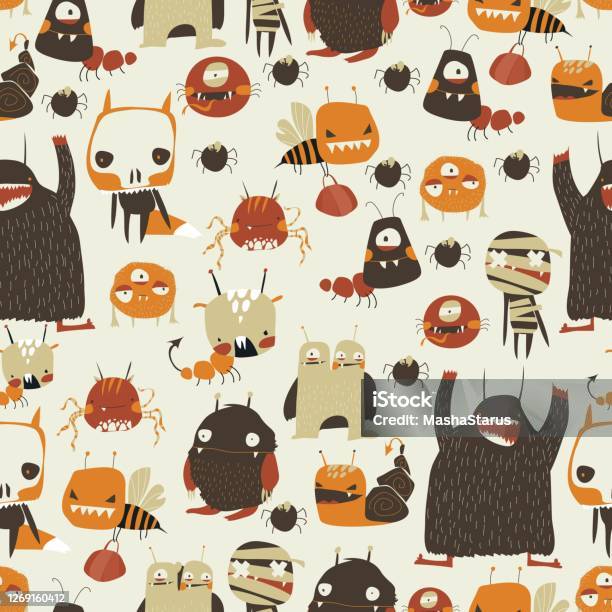 Simple Monster Backgrounds Seamless Pattern With Cute Colorful Monsters On White Background Stock ...