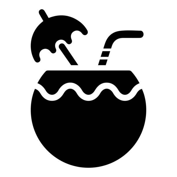 ilustraciones, imágenes clip art, dibujos animados e iconos de stock de icono de bebida de agua de coco. vector negro sobre un fondo blanco aislado - cocktail alcohol drink black