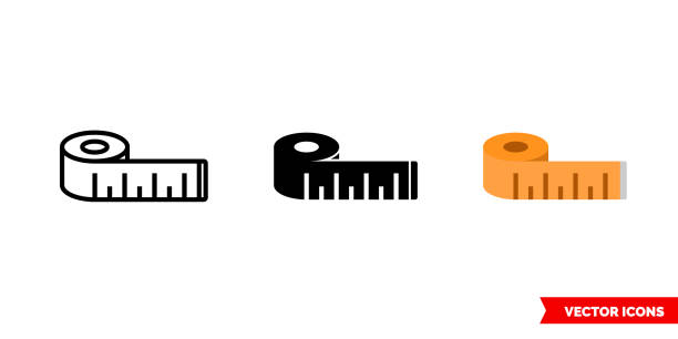 3 가지 유형의 테이프 아이콘, 흑백, 윤곽선. 격리된 벡터 기호 기호 - tape measure yellow long instrument of measurement stock illustrations