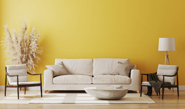 istock Yellow room interior, living room interior mockup, empty yellow wall, 3d rendering 1269163731