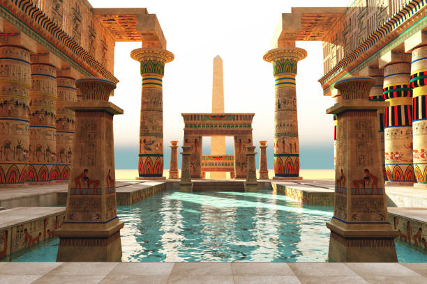 Egyptian Pool with Obelisk Ornate Egyptian architecture with hieroglyphs surround a pool in historical Egypt with an obelisk standing guard. ancient egyptian culture stock pictures, royalty-free photos & images