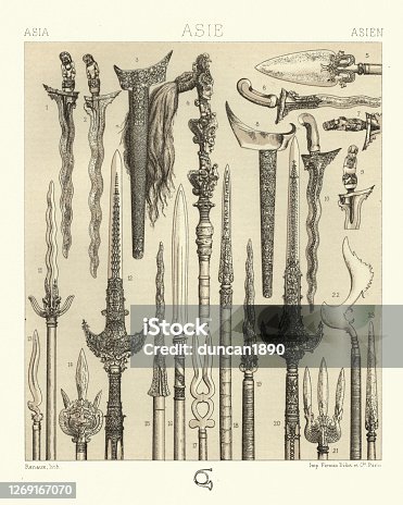 istock Traditional weapons of Malay, Kris, vedung, javlins, spears, halberd 1269167070