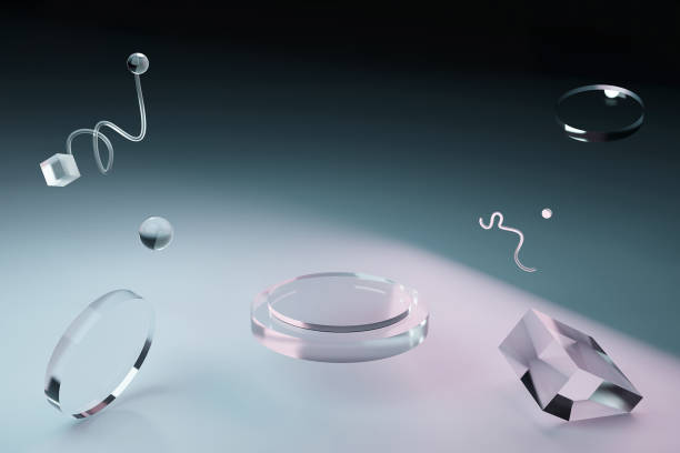 istock 3D neon glass figures hover in space or ocean. The podium for the mockups. 1269167890