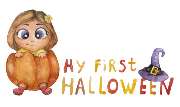 ilustrações de stock, clip art, desenhos animados e ícones de my first halloween. cute illustration of a little kid who is sitting in a pumpkin. girl celebrates the halloween. next to the text is a witchs hat. watercolor. horizontal banner. high quality photo - witchs