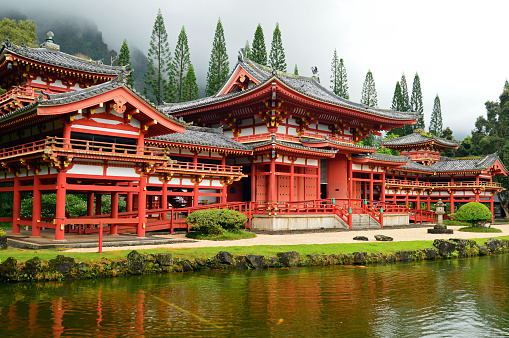 Kaneohe, HI, USA August 2, 2014 The Byodo In Buddhist temple, in Kaneohe, Hawaii, is situated in a fog veiled valley