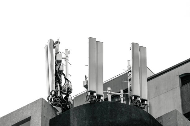 Black and white rooftop cell towers, white background with copy space