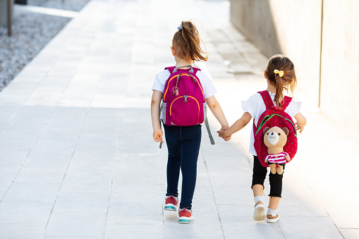 Portrait of smiling little pretty girls holding hands , wearing backpacks and walking to school.