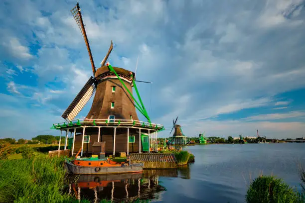 Photo of Windmills at Zaanse Schans in Holland. Zaandam, Nether