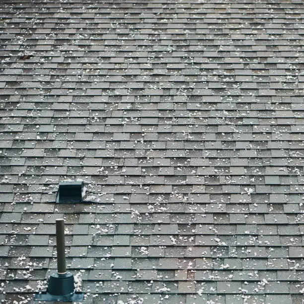 Photo of Roof shingles with large hailstones after hail storm