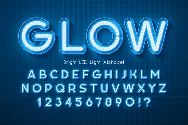 led-licht 3d alphabet, extra glühenden modernen typ. - neon stock-grafiken, -clipart, -cartoons und -symbole