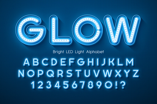 LED light 3d alphabet, extra glowing modern type. Swatch color control.