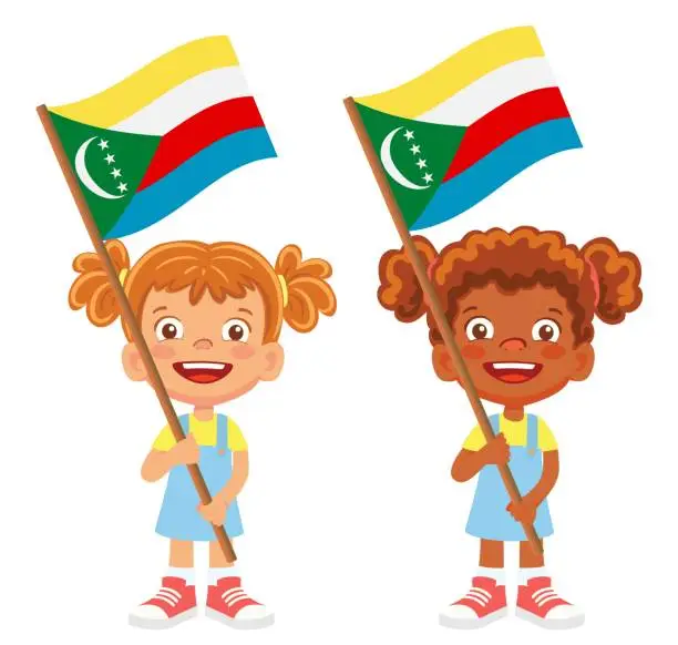 Vector illustration of Child holding Comoros flag
