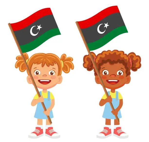 Vector illustration of Child holding libya flag