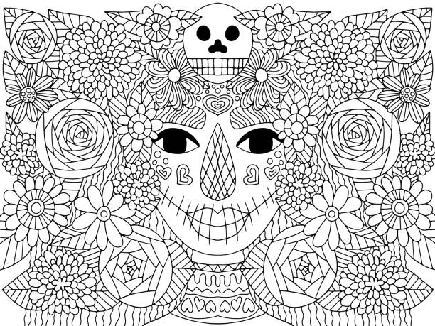 illustrazioni stock, clip art, cartoni animati e icone di tendenza di giorno della femmina morta con fiori e pagina da colorare vettoriale del cranio - day of the dead skull tattoo mexico