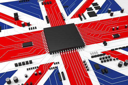 CPU and Computer circuit board concept, The board is covered with the Union Flag