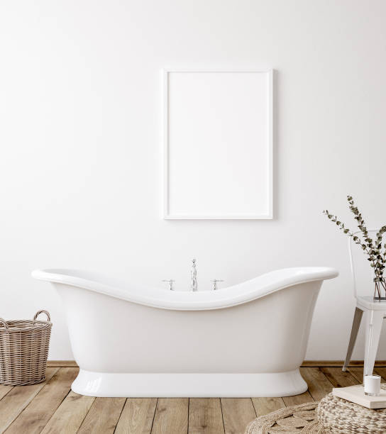 istock Poster mockup in white cozy bathroom interior background 1269203379