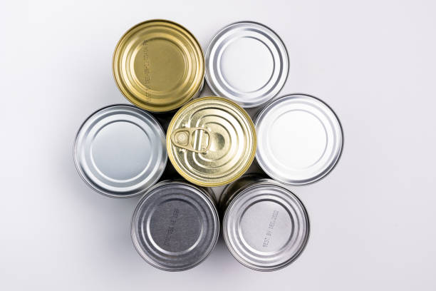 Group of aluminium cans food view from top isolated on white background