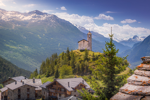 Church in Idyllic alpine landscape at springtime near La rosiere – French alps