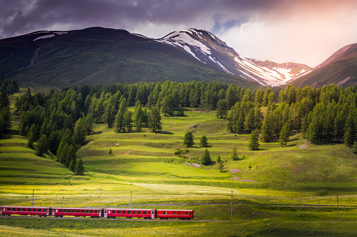 Train passing trough Alpine landscape near St Moritz at sunset – Engadine, Switzerland
