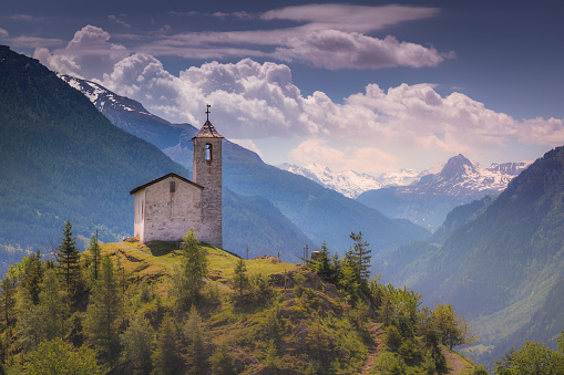 Church in Idyllic alpine landscape at springtime near La rosiere – French alps
