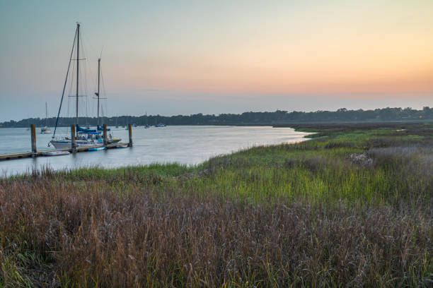 View at dusk over marsh and harbor in Beaufort, South Carolina.