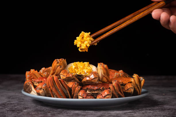 crabe de mitaine chinois cuit à la vapeur, crabe poilu de shanghai sur l’assiette - poilu photos et images de collection