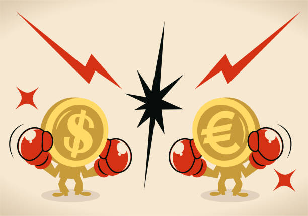 ilustrações de stock, clip art, desenhos animados e ícones de anthropomorphic dollar and euro sign coin (us  currency vs european union currency) are fighting against each other by boxing - currency exchange currency european union currency dollar