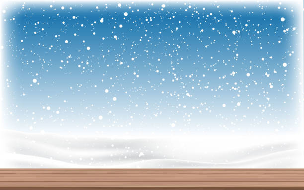 black and white room wooden table at windows in snow day snowflake background stock illustrations