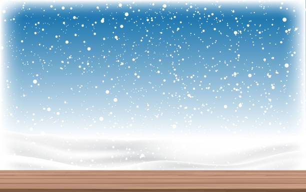black and white room wooden table at windows in snow day blue cup stock illustrations