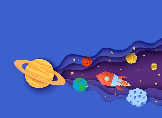 ilustrações, clipart, desenhos animados e ícones de espaço com foguete vermelho e planetas em estilo de corte de papel. corte o fundo abstrato do universo 3d com o planeta terra, sol, mercúrio, saturno, lua, júpiter e nave espacial lançam arte em papel. cartão vetorial - mercury rocket