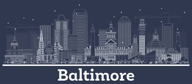 ilustraciones, imágenes clip art, dibujos animados e iconos de stock de delinea baltimore maryland city skyline con edificios blancos. - inverse