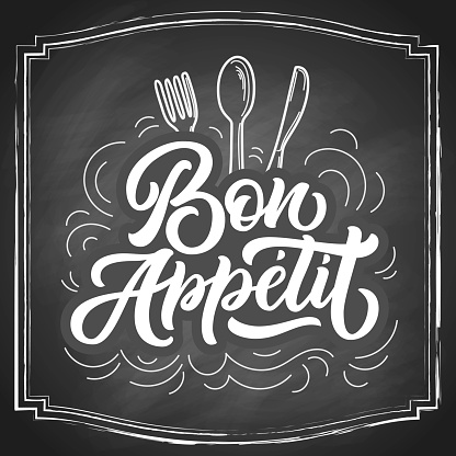 Bon Appetit grunge brush hand lettering, vintage typography on black chalkboard background. Vector illustration.